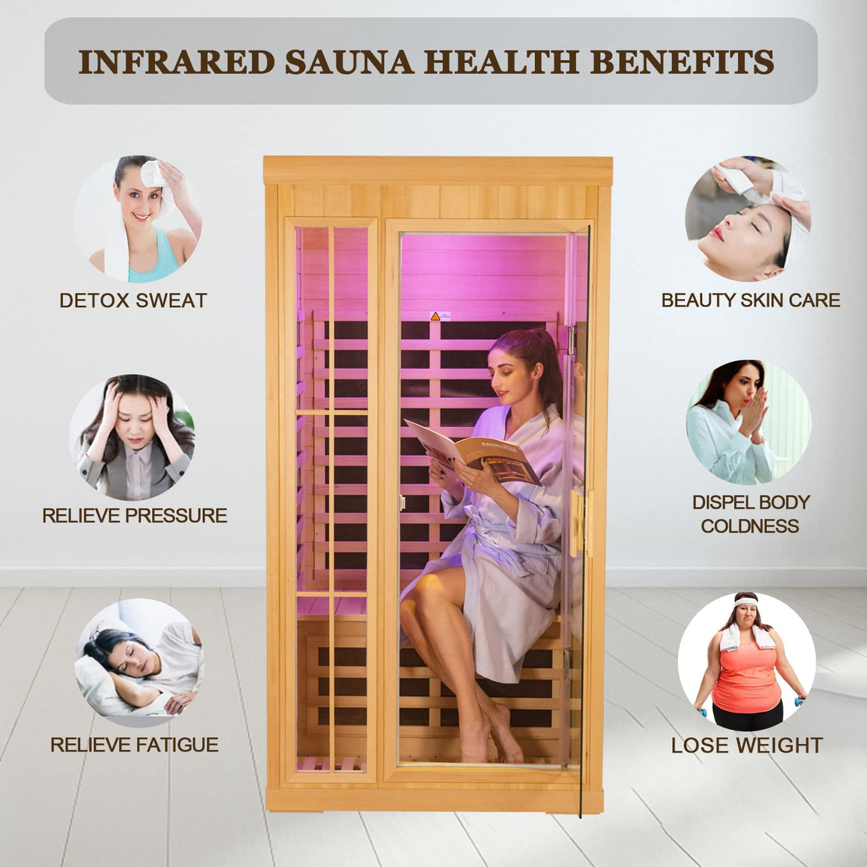 Kanlanth 1 to 2 Person Infrared Sauna, Hemlock Wood Low EMF FAR Infrared Sauna for Home, 1,350watt, Indoor Saunas with Bluetooth, LCD, LED Kanlanth