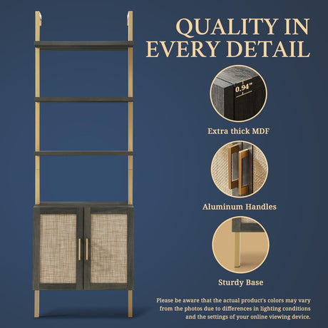 5 Tier Book Shelf Set of 2, 73" Tall Bookshelf with Storage, Modern Bookcase with Shelves, Wall Mount Ladder Shelf with Steel Frame, Bookshelves with Rattan Cabinet for Living Room (Midnight Oak) OAKHAM HOME