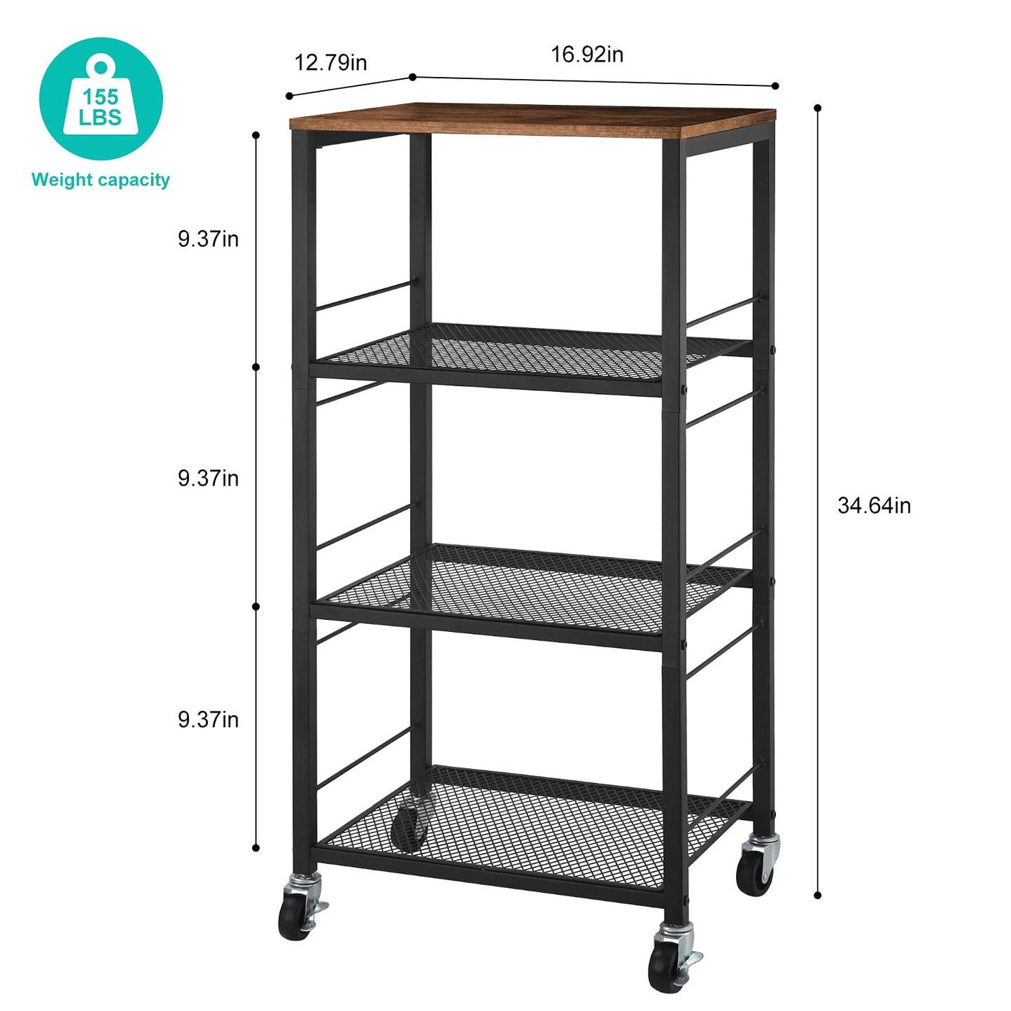 YBING Kitchen Cart on Wheels Rolling Kitchen Island Carts with Wheels and Storage 4-Tier Farmhouse Serving Cart Stand with Wood Tabletop for Living Room Bathroom, Brown