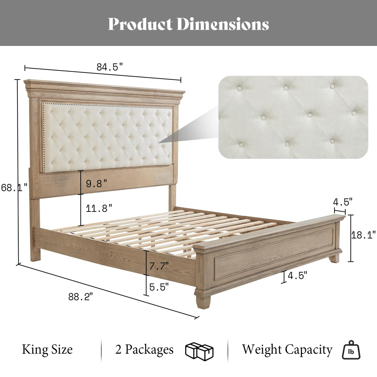 AMERLIFE 68.1" H King Size Bed Frame with Upholstered Headboard, Solid Wood Farmhouse Platform Bed, Architectural Design, No Box Spring Needed, Light Oak AMERLIFE