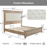 AMERLIFE 68.1" H King Size Bed Frame with Upholstered Headboard, Solid Wood Farmhouse Platform Bed, Architectural Design, No Box Spring Needed, Light Oak AMERLIFE