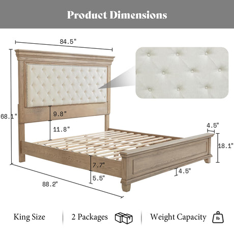 AMERLIFE 68.1" H King Size Bed Frame with Upholstered Headboard, Solid Wood Farmhouse Platform Bed, Architectural Design, No Box Spring Needed, Light Oak AMERLIFE