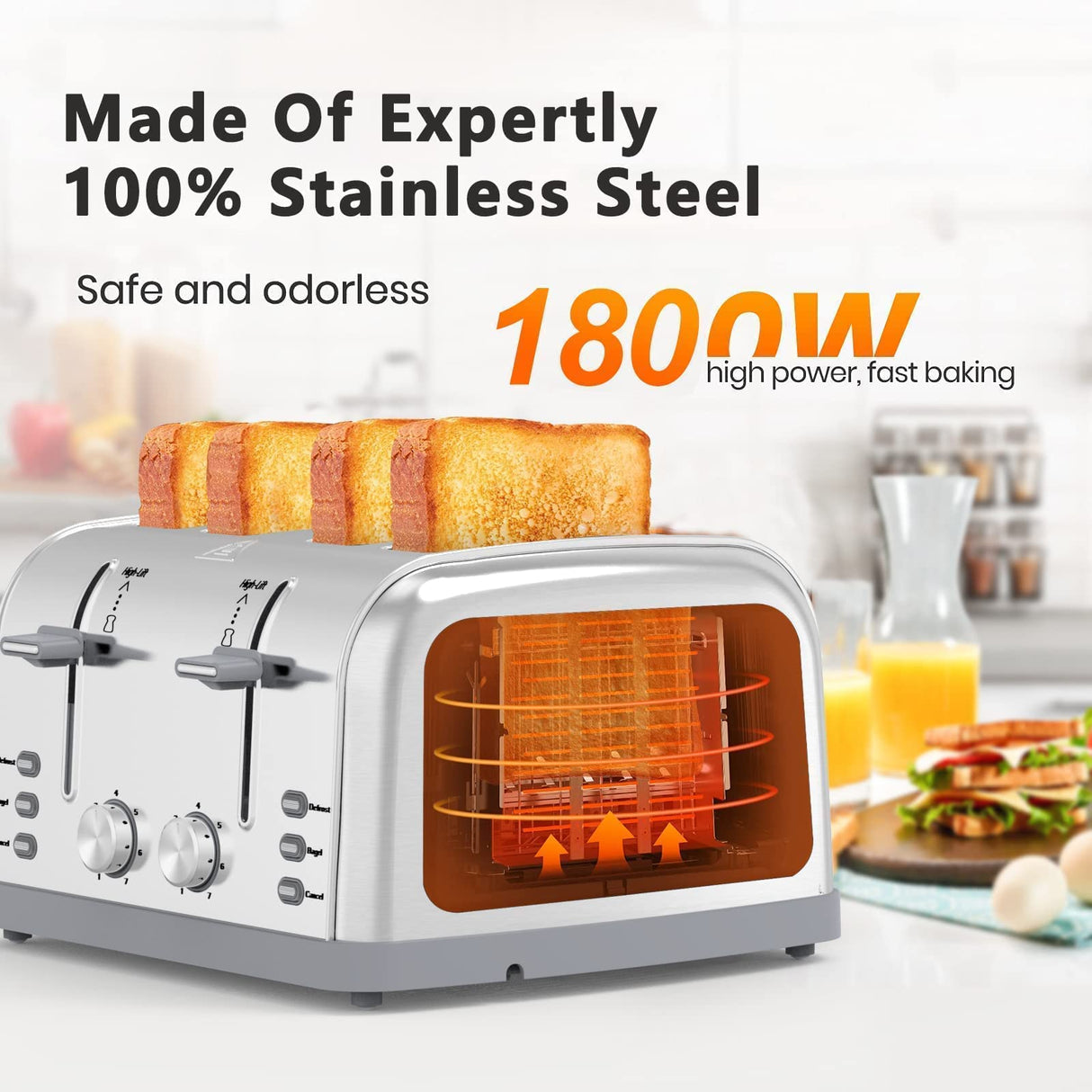 Toaster 4 Slice,Retro Stainless Steel Toater with 7 Shade Settings,Best Prime Toaster for Waffles, 4 Slice Toaster with 3 Mode，Bagels and More Lainsten Toaster T-527 LAINSTEN