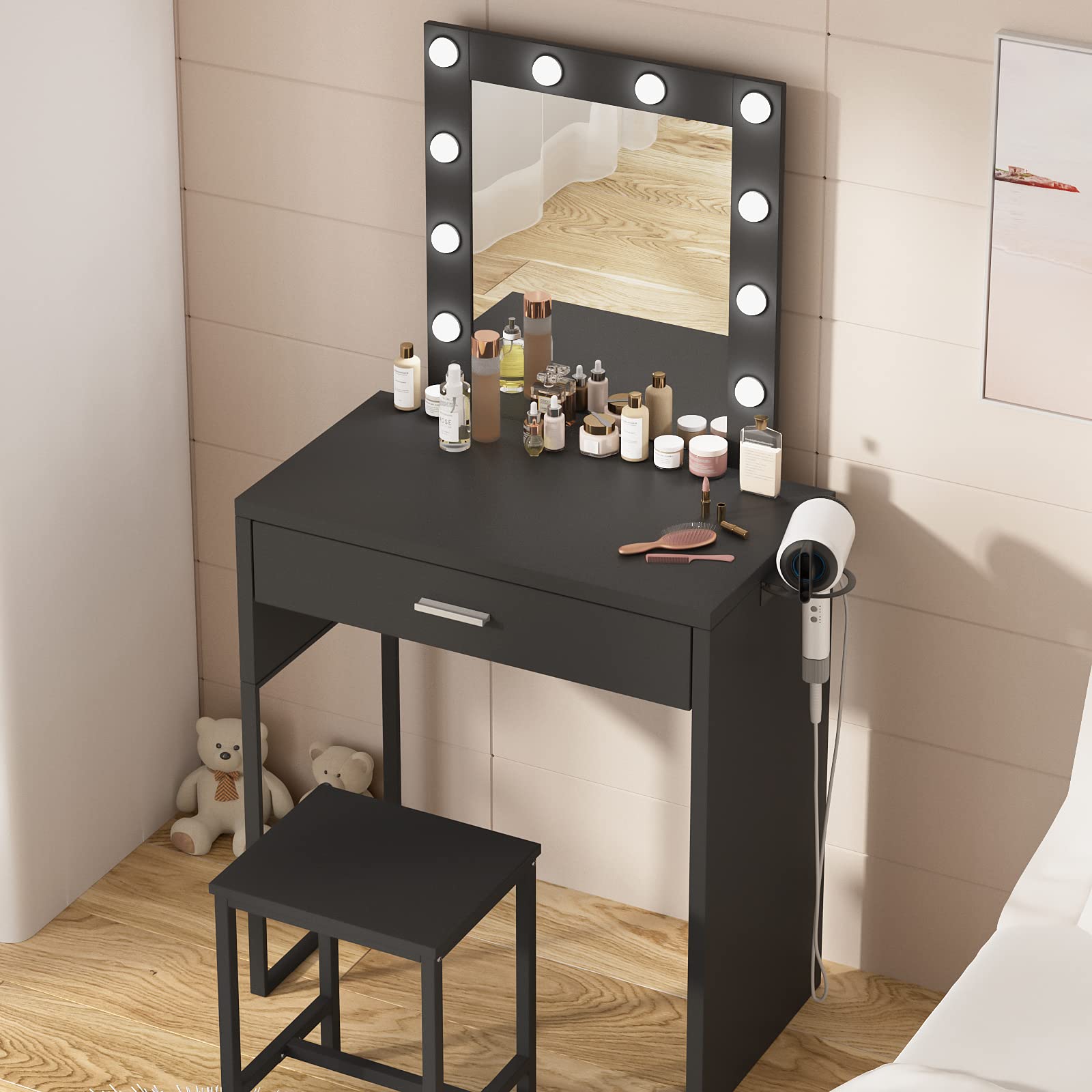 Titoni Makeup Vanity Desk with Mirror and Lights, Black Vanity Table and Chair Set, Brightness Adjustable, Small Vanity for Girls' Bedroom - WoodArtSupply