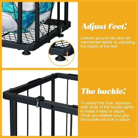 Garage Ball Storage Wall-Mounted & Floor Sports Equipment Organizer: Sports Ball Rack with Elastic Rope, Holder for Basketball, Soccer, Volleyball, Football, Garage, Gym, Black(Patent Pending) Hencawima