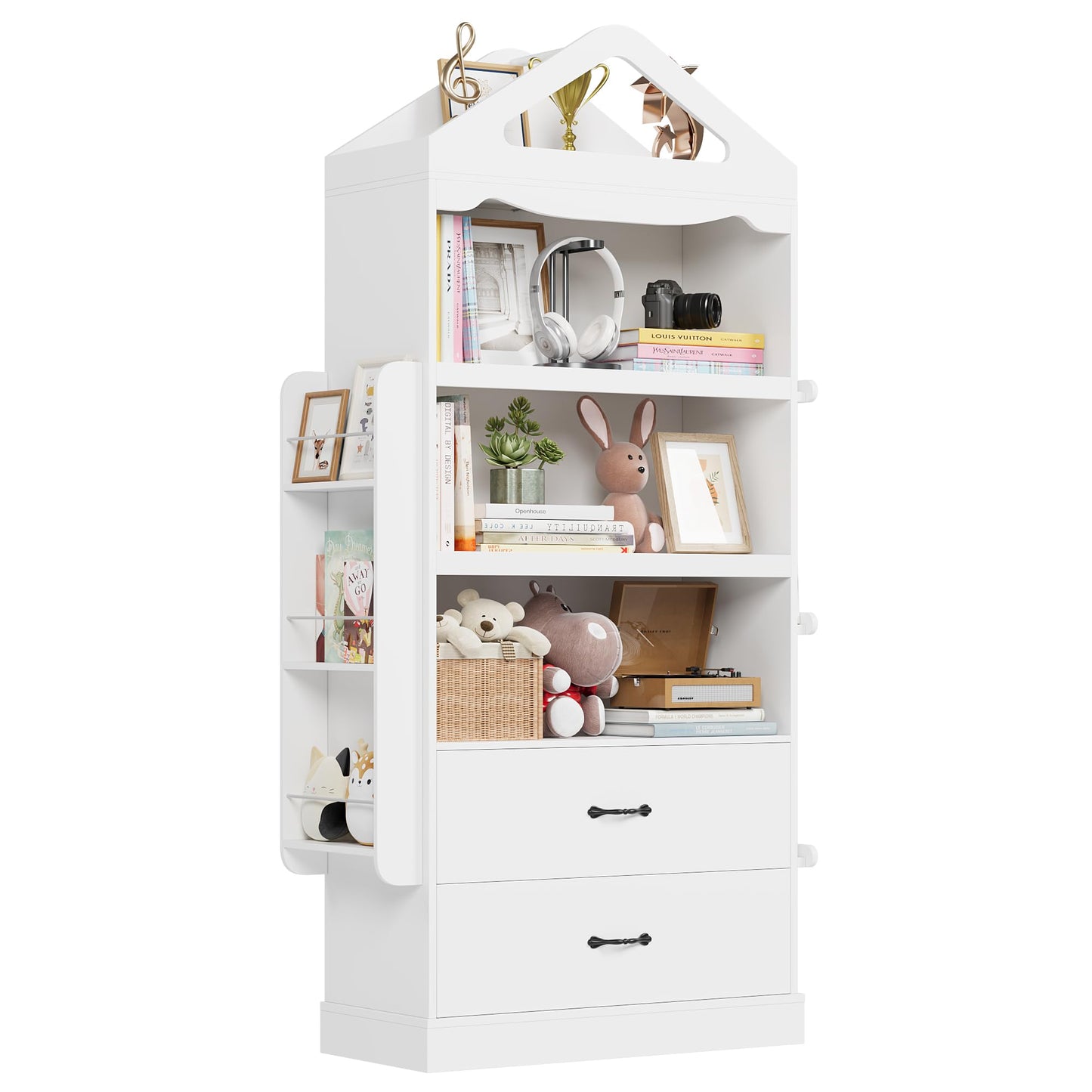 HOSTACK 71" Tall White Kids Bookcase with 2 Drawers and 4-Tier Shelving for Toys and Books - WoodArtSupply