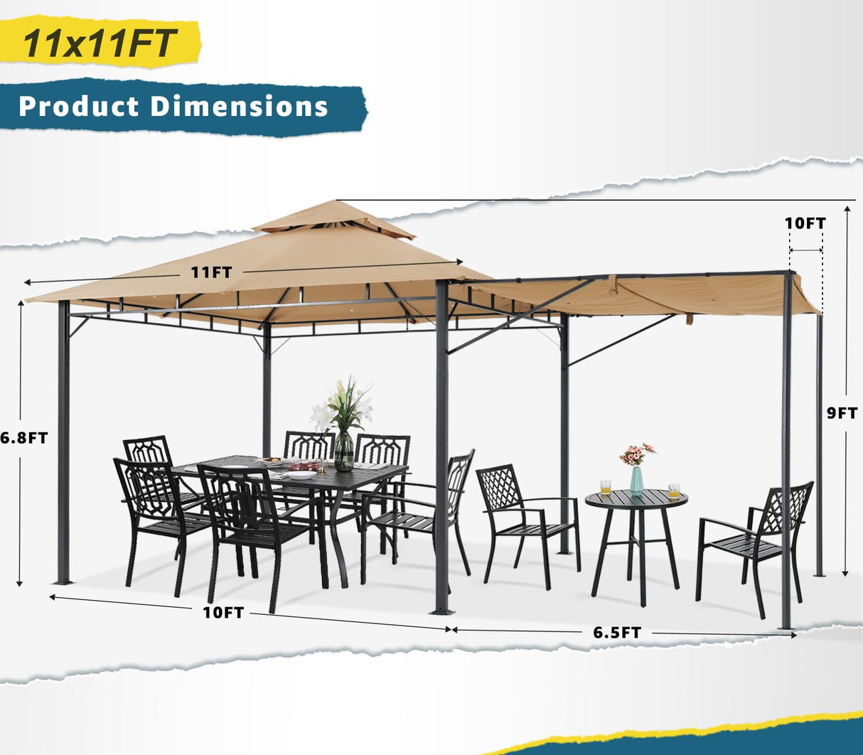 MASTERCANOPY 11 x 11 Patio Gazebo with Extra Side Awning Outdoor Gazebo for for Backyard Garden Lawn,Beige MASTERCANOPY