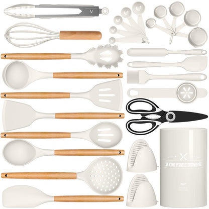 Silicone Cooking Kitchen Utensils Set, AIKKIL 28PCS White Cooking Utensils Set with Wooden Handles, Tongs, Spatula, Pasta Server, Kitchen Gadgets Tools Set For Non-Stick Cookware(BPA Free)