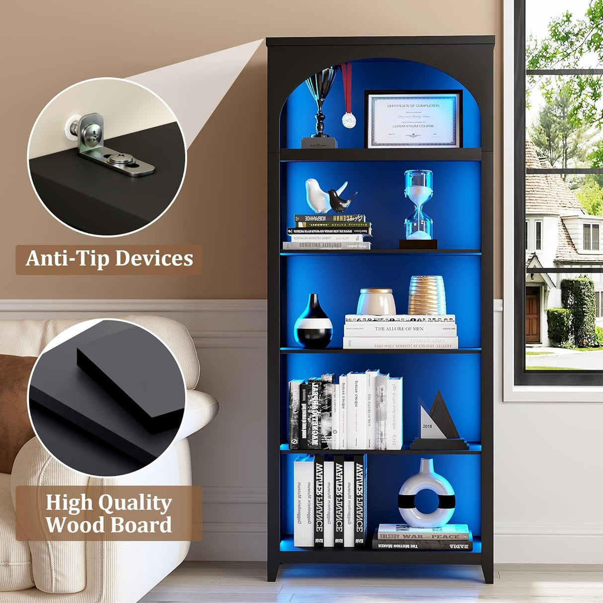 jajov 2pc Bookshelf with LED Light, 70“ Tall Bookshelves and Bookcases Floor Standing, 5 Tier Book Shelf Wooden Bookcase Multipurpose Bookshelf for Home Office, Living Room -Black jajov