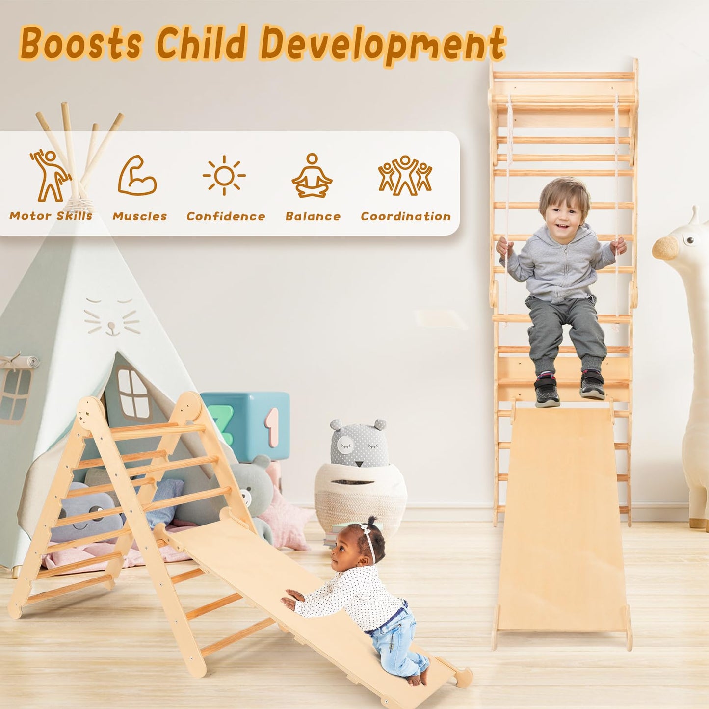 Homfstyi Swedish Ladder for Kids, 7 in-1 Swedish Ladder Wall Gym, Montessori Pikler Triangle Climbing Set with Slides, Climbing Wall and Pull-up Bar, Wooden Indoor Jungle Gym for Toddlers 2-6 Years