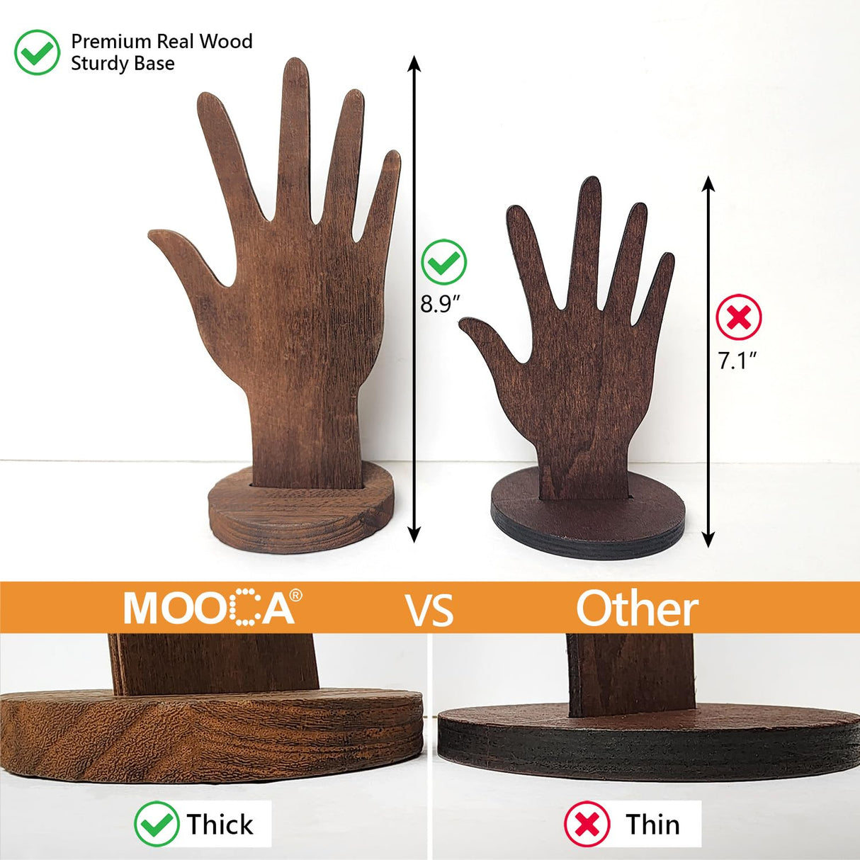 MOOCA 6 Pcs Set Real Wooden Hand Form Jewelry Display, 2-Way Design for Wall Hanging or Standalone Mannequin Finger Hand Display, Premium Real Wood Sturdy Base, Brown Color MOOCA