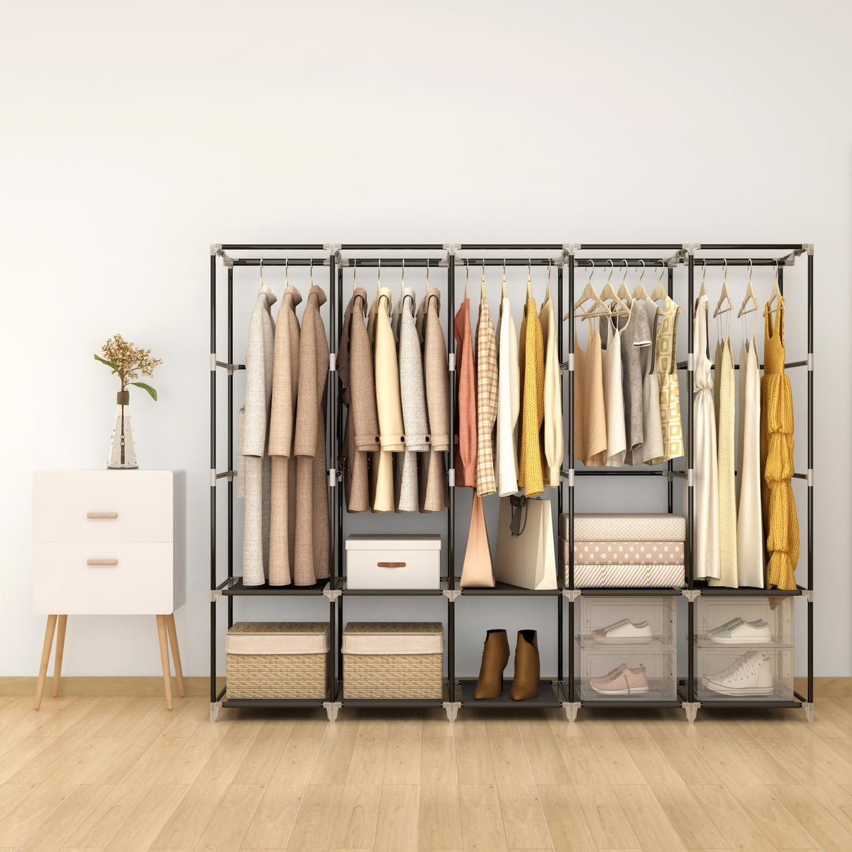 MOGELAFOO 83 Inch Wide Portable Closet Wardrobe, Clothes Storage Rack Organizer with Cover, 5 Clothes Hanging Rods and 10 Storage Shelves, Black MOGELAFOO