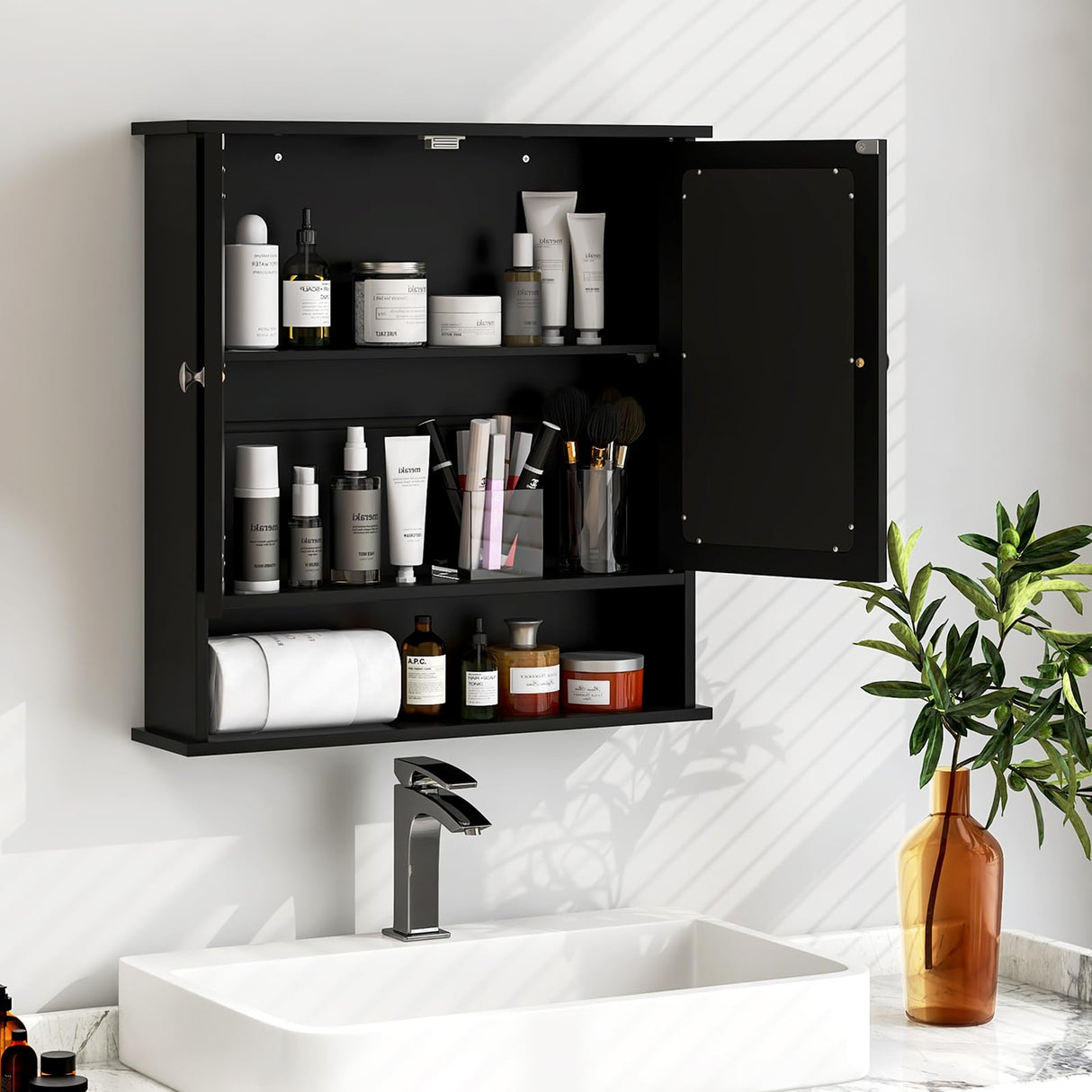 Tangkula Bathroom Medicine Cabinet with Mirror, Wall Mounted Wooden Hanging Organizer with Doors and Shelves, Bathroom Wall Mirror Cabinet (Mirror Doors, Black) Tangkula