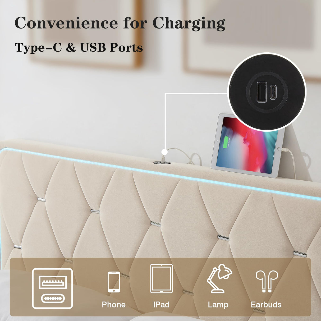 VECELO Upholstered Full Bed Frame with Headboard Adjustable, Velvet Platform Beds with LED Lights, Charging Station, Mattress Foundation with Wooden Slats, Noise Free, No Box Spring Needed, Beige VECELO