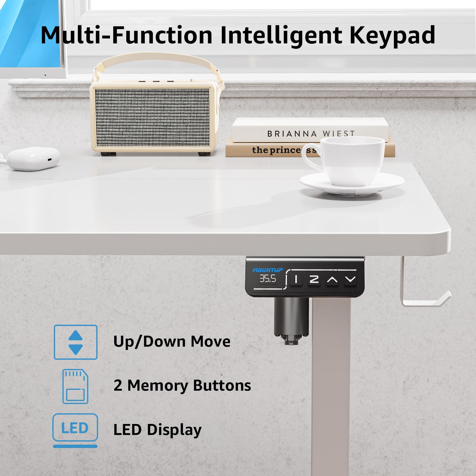 MOUNTUP Electric Height Adjustable Standing Desk, 48 x 24 Inches Sit Stand Desk with Memory Controller, Ergonomic Stand Up Desk for Home Office with Splice Board, White - WoodArtSupply