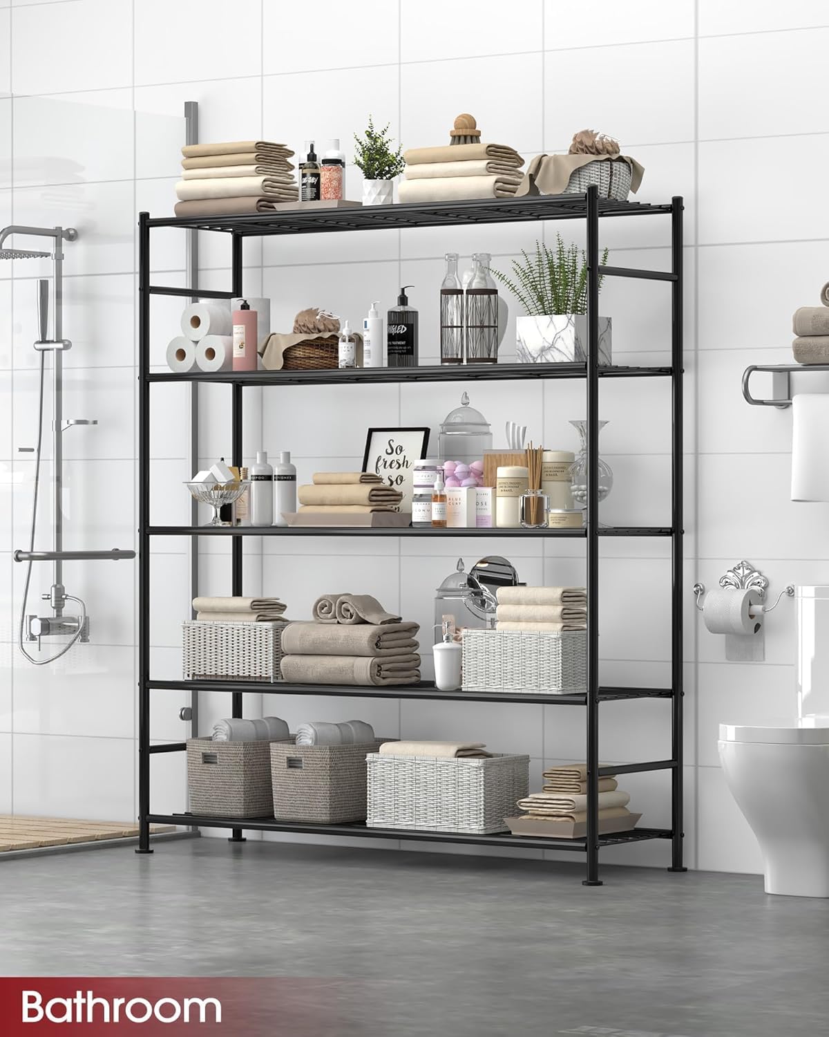 Sakugi Storage Shelves - 5 Tier Shelf Organizer, Heavy Duty Garage Shelving Unit with Leveling Feet, Stable Metal Shelves Organizer for Pantry, Kitchen and Closet, 47.3" W x 12.6" D x 60.8" H, Black Sakugi