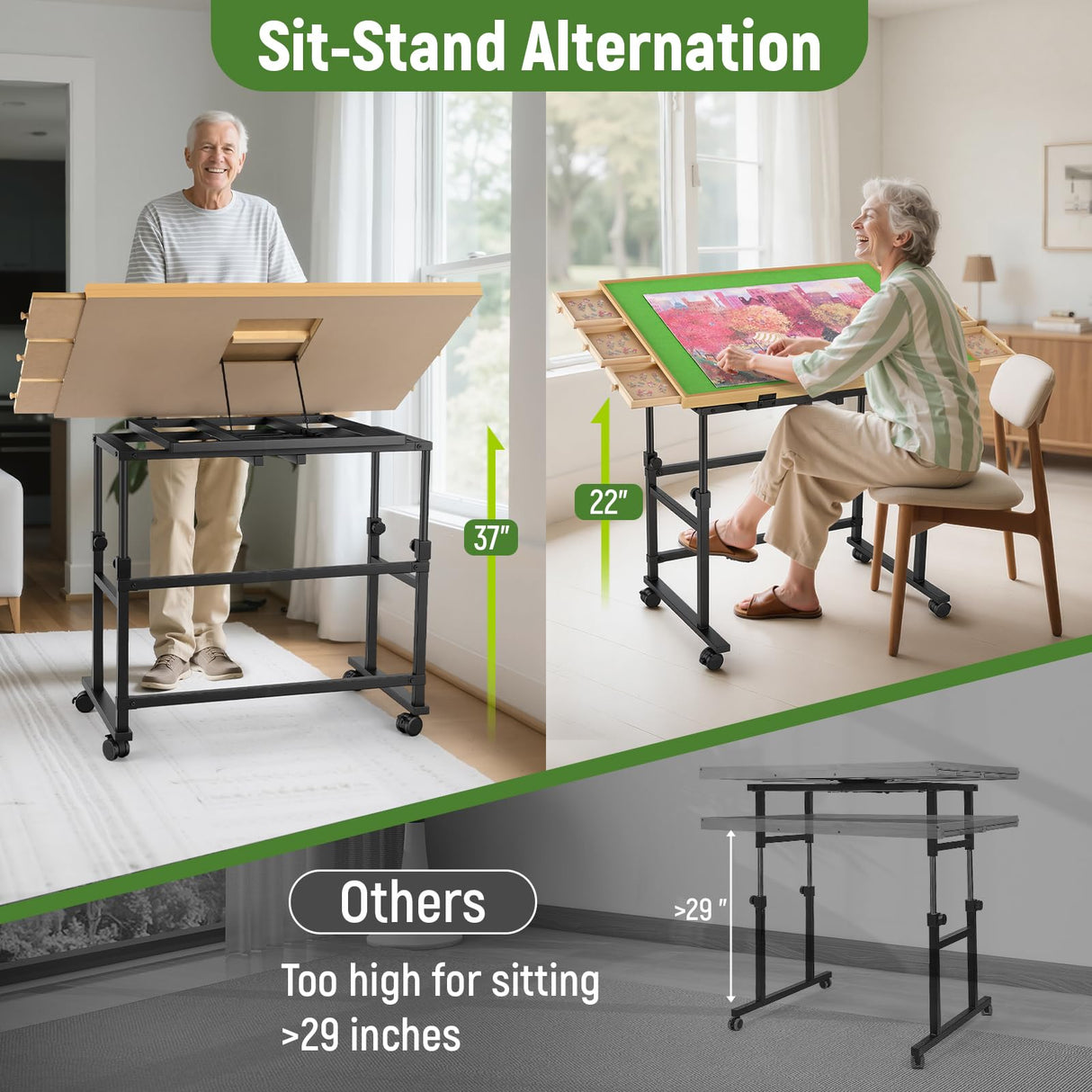 Tranqio 1500 Piece Jigsaw Puzzle Table with Metal Lazy Susan, Rotating Adjustable Height Puzzle Desk with Legs for Adults, 4-Tilting-Angle Portable Wooden Game Board with 6 Drawers & Cover Tranqio