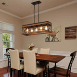 Rustic Farmhouse Wood Kitchen Island Lighting, 5 Lights Rectangular Pendant Light Fixture, Adjustable Chain Oak Wood and Metal Linear Chandelier for Dining Room Kitchen Island Farmhouse, Black RKUCSR