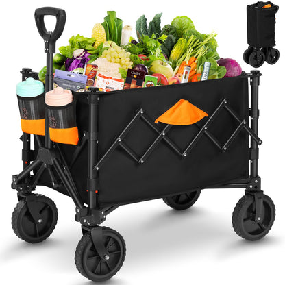 Collapsible Wagon, Grocery Wagons Carts Foldable Utility Wagon with All-Terrain Wheels, Cup Holders, Pockets for Grocery Shopping, Sport, Camping, Garden, Outdoor