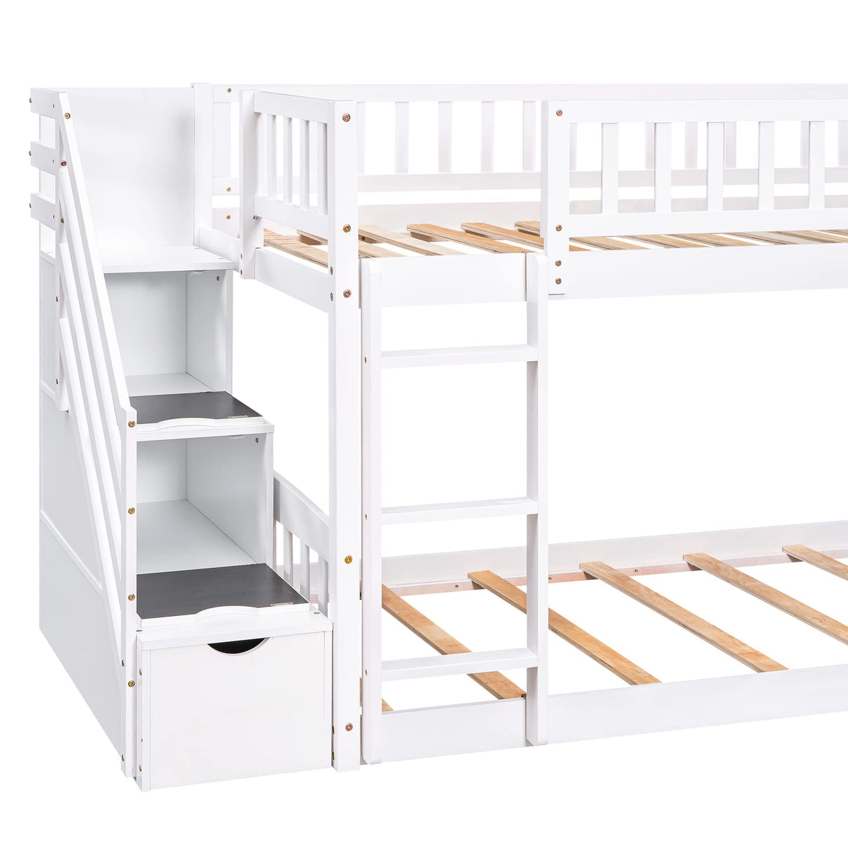 CITYLIGHT Kids Bunk Bed with Slide and Stairs, Twin Over Twin Bunk Bed with 3 Drawers, Floor Bunk Bed for Kids, Wooden Bunk Bed Frame, White CITYLIGHT
