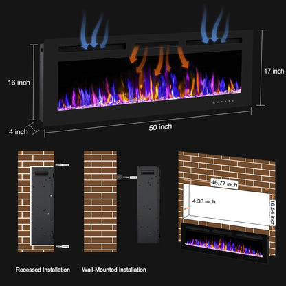 BETELNUT 50" Electric Fireplace Wall Mounted and Recessed with Remote Control, 750/1500W Ultra-Thin Wall Fireplace Heater W/Timer Adjustable Flame Color and Brightness, Log Set & Crystal Options