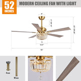 Gold Ceiling Fans with Lights and Remote, 52 Inch Ceiling Fan for Bedroom Living Room, Crystal Chandelier Outdoor Ceiling Fans with LED Light, Reversible 5 Blades, Ventilador de Techo con Luz Parrot Uncle