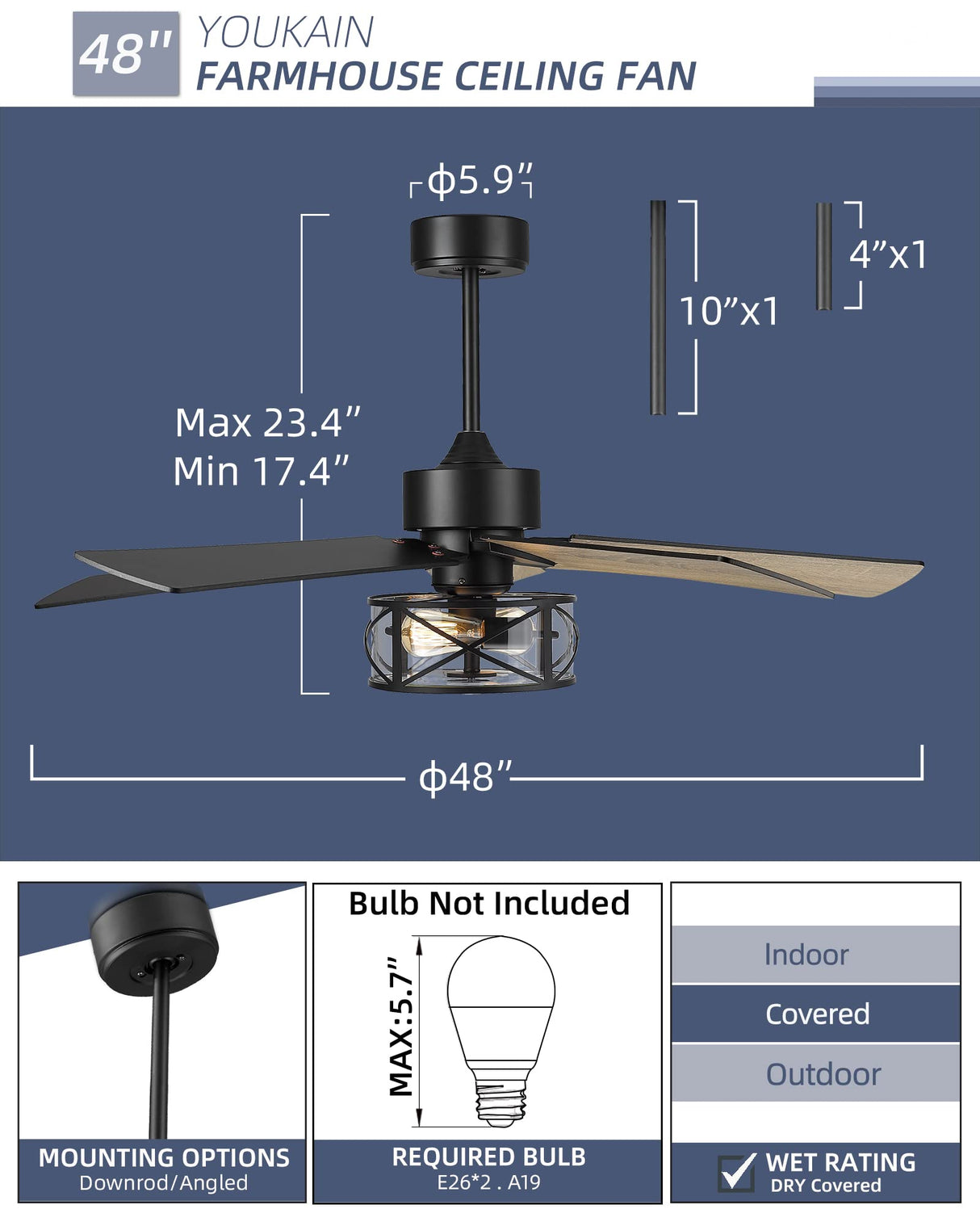 YOUKAIN Farmhouse Ceiling Fans, 48 Inch Industrial Ceiling Fan with Light and Remote Control, Clear Glass, 5-Reversible Blades with Matte Black/Wooden Finish, 52-YJ632 YOUKAIN