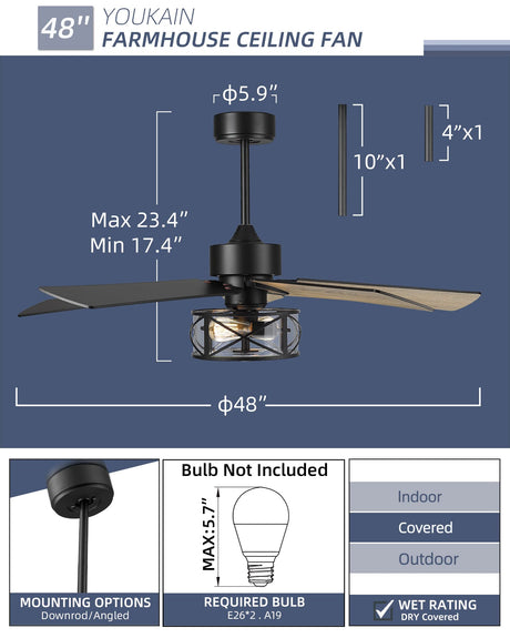YOUKAIN Farmhouse Ceiling Fans, 48 Inch Industrial Ceiling Fan with Light and Remote Control, Clear Glass, 5-Reversible Blades with Matte Black/Wooden Finish, 52-YJ632 YOUKAIN