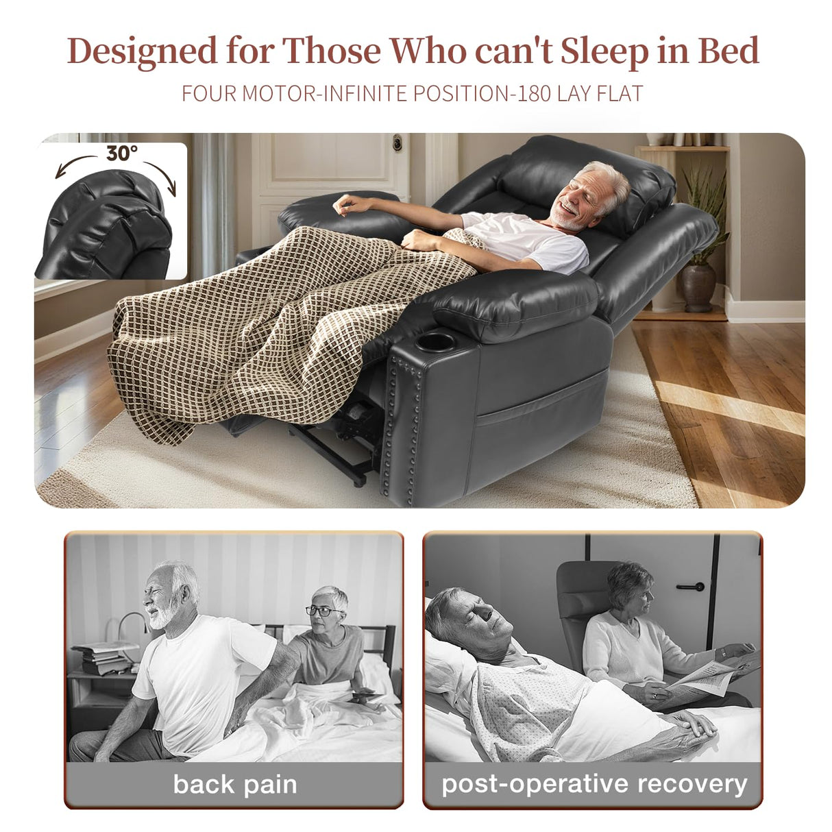 Neioml Four Motor Zero-Gravity Large-Wide Power Lift Chairs Recliners for Elderly, Infinite Position, 180° Lay Flat Lift Chair Big and Tall, Heat & Massage (Breathable Leather, Black) Neioml