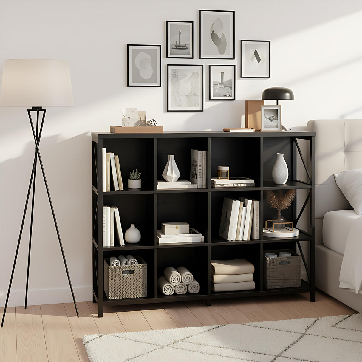 VAKATRELL 12 Cube Storage Organizer Bookshelf, Industrial Horizontal Bookcase, Accent Cubby Shelf, Corner Bookcase for Living Room, Home Office, 11.8" D x 47.6" W x 38.2" H, Black VAKATRELL