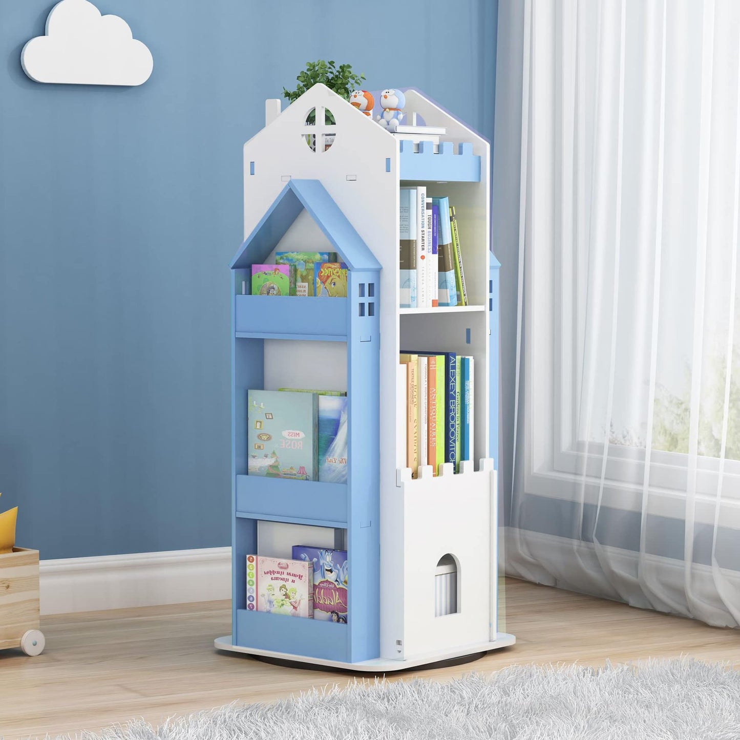 MYOYAY 360° Rotating Children's Bookshelf - 3 Tier Swivel Bookcase in Blue, Ideal for Kids' Bedroom Storage - WoodArtSupply