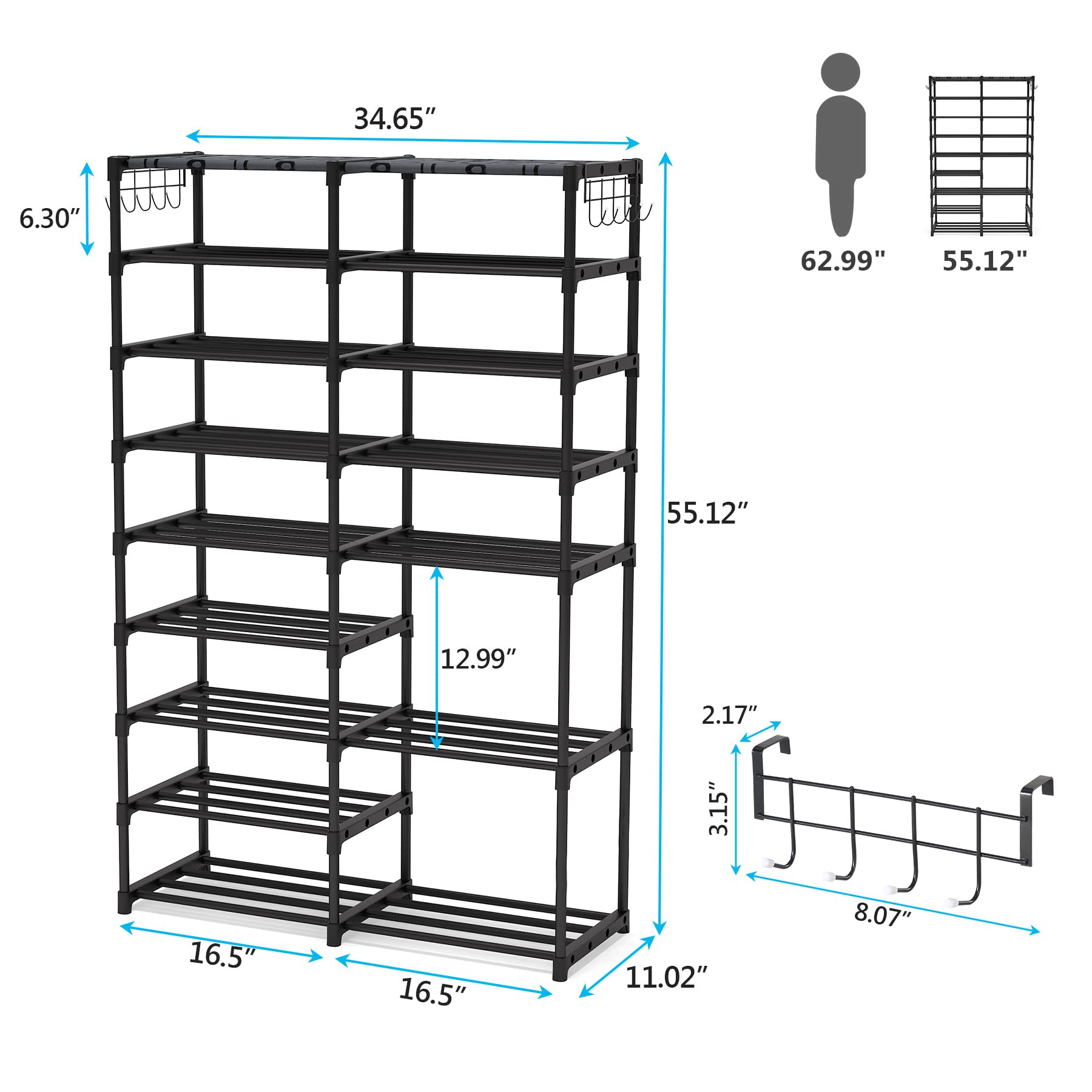 Tribesigns Shoe Rack Organizer, 32-40 Pairs Storage Shelf, 9 Tiers Stand, for Closet, Boot Organizer with 2 Hooks, Stackable Tower - WoodArtSupply