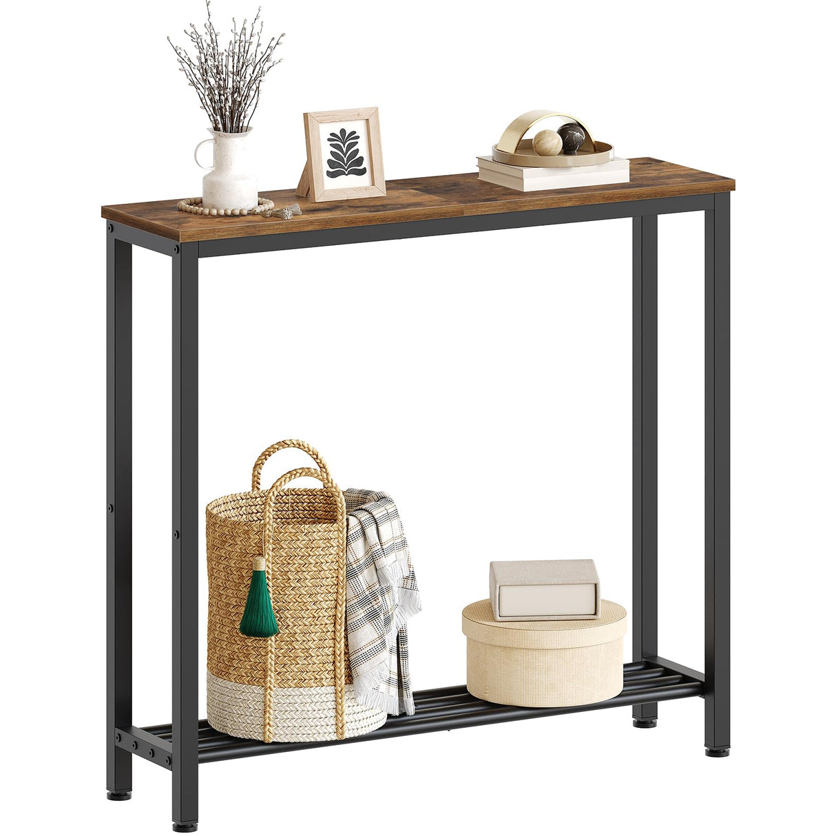 YATINEY Narrow Console Table, 2-Tier Small Sofa Table, 29.5" Thin Entryway Table, Behind Couch Table with Shelves, Industrial Hallway Table, for Living Room, Foyer, Rustic Brown and Black CT03BR YATINEY
