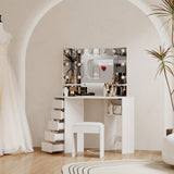 Corner Vanity Desk with Mirror and Led Lights - Makeup Table with 5 Drawers, Shelves, and Vanity Stool - Perfect for Bedroom or Bathroom, White MilleLoom