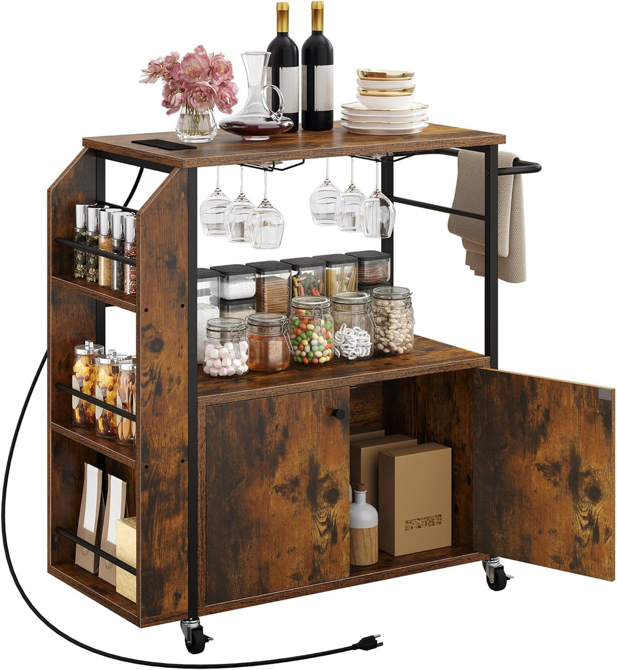 YITAHOME Mobile Kitchen Island Cart with Power Outlet, 33 Inch Rolling Kitchen Cart with Storage, Small Serving Utility Carts on Wheels with Open Shelves for Kitchen, Dining Room, Rustic Brown YITAHOME