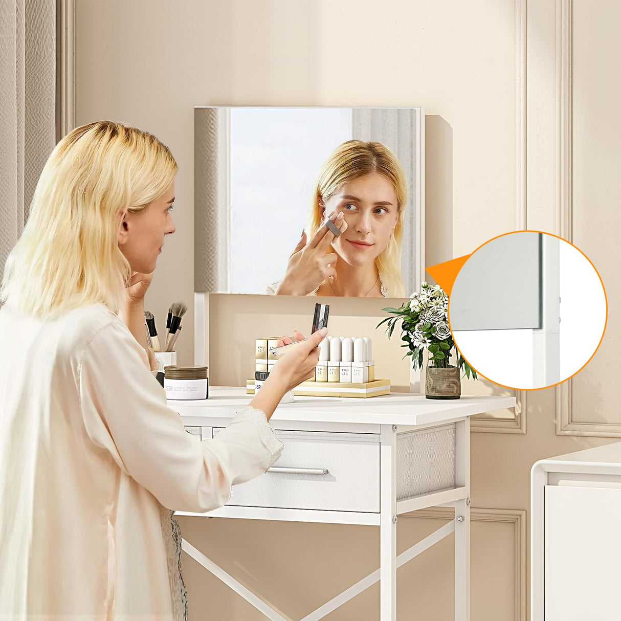 Dmticoasis Small Vanity Desk with Mirror, Compact Makeup Desk for Small Spaces,Modern Dressing Table with 2 Drawers,28.4 Inchs White Vanity with Storage for Girls and Women Dmticoasis