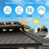 GarveeLife 10x12ft Double Roof Hardtop Gazebo, Heavy Duty Galvanised Steel Hardtop Pavilion with Nettings and Curtains, Metal Roof Gazebo for Patio, Terrace, Lawn and Deck, Brown GarveeLife