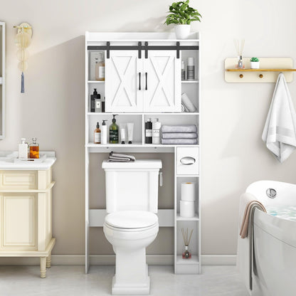 Over The Toilet Storage Cabinet, Farmhouse Storage Cabinet Over Toilet with Sliding Doors，Home Space-Saving Toilet Rack, for Bathroom, Restroom, Laundry