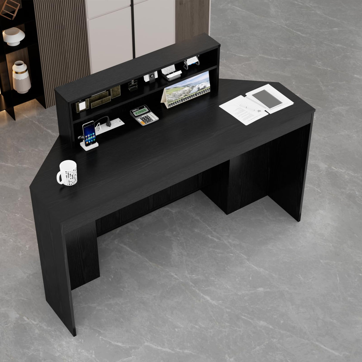 VOWNER 39.3" H Modern Reception Desk with LED Lighting, Office Counter with Display Cabinet, Secretary Desk with Power Outlets – Front Desk for Salon, Lobby – White (55.1" W x 21.2" D x 39.3" H) VOWNER