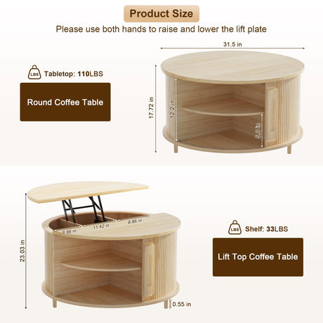 YKVIQBY Round Lift Top Coffee Table, 31.5" Fluted Wood Accent Coffee Table with 180° Curved Sliding Door, Hidden Storage, Mid Century Modern Center Table for Living Room Office Small Spaces, Oak YKVIQBY