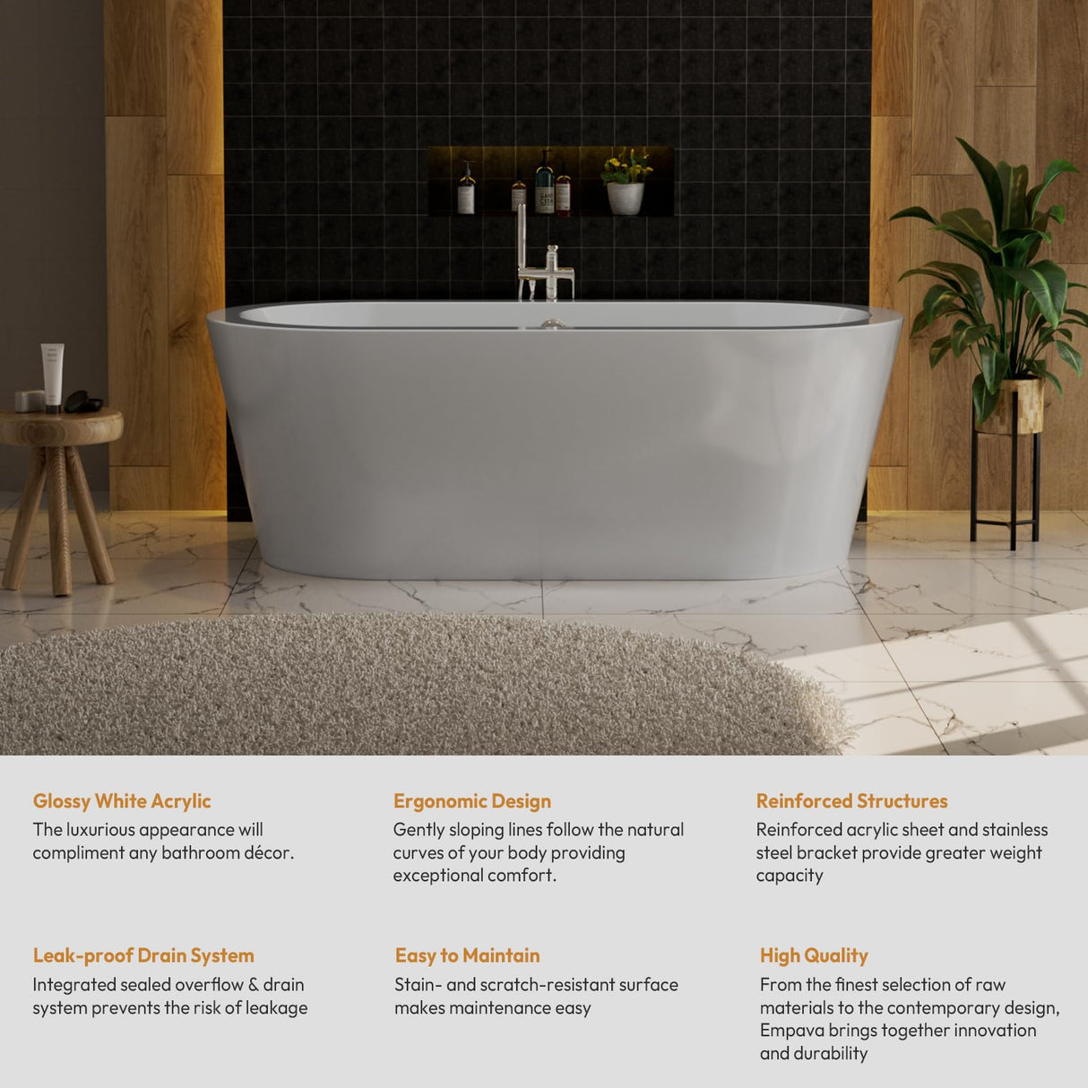 Empava 59” Acrylic Freestanding Bathtub Contemporary Stand Alone Soaking Tub with Overflow and Drain, FT1505, Luxury White Empava