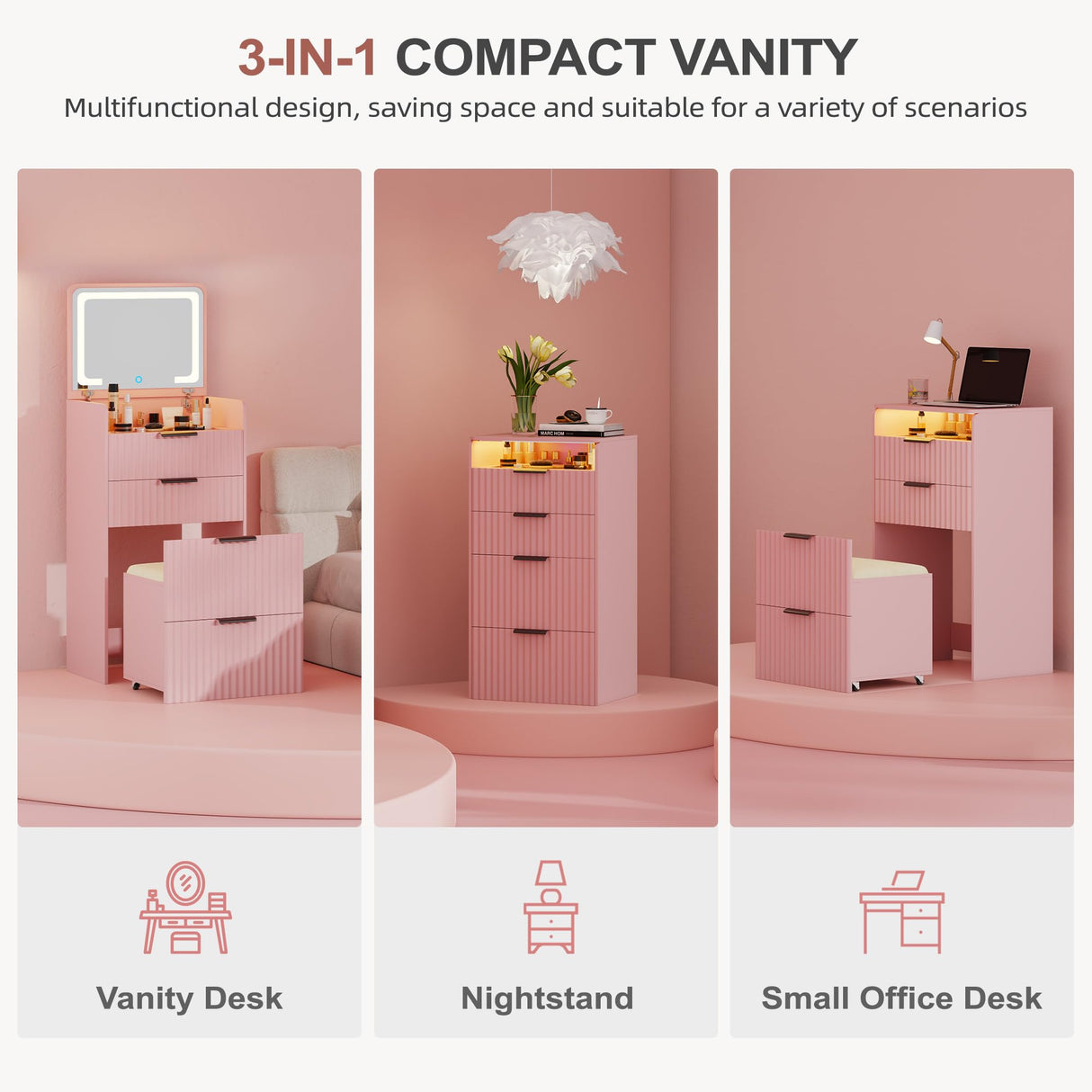 Lvifur 3 in 1 Small Vanity Desk with Plip Top Mirror,Makeup Vanity Set with Visible Glass Desktop,Compact Vanity with 3 Drawers,Storage Compartment and Padded Stool,Dressing Table for Bedroom,Pink Lvifur
