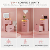 Lvifur 3 in 1 Small Vanity Desk with Plip Top Mirror,Makeup Vanity Set with Visible Glass Desktop,Compact Vanity with 3 Drawers,Storage Compartment and Padded Stool,Dressing Table for Bedroom,Pink Lvifur