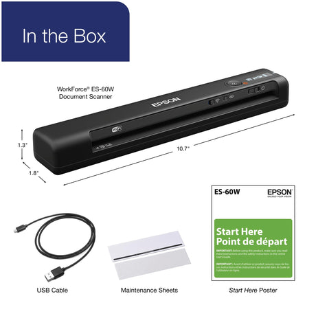 Epson Workforce ES-60W Wireless Portable Sheet-fed Document Scanner for PC and Mac 10.7" x 1.9" x 1.4" Epson