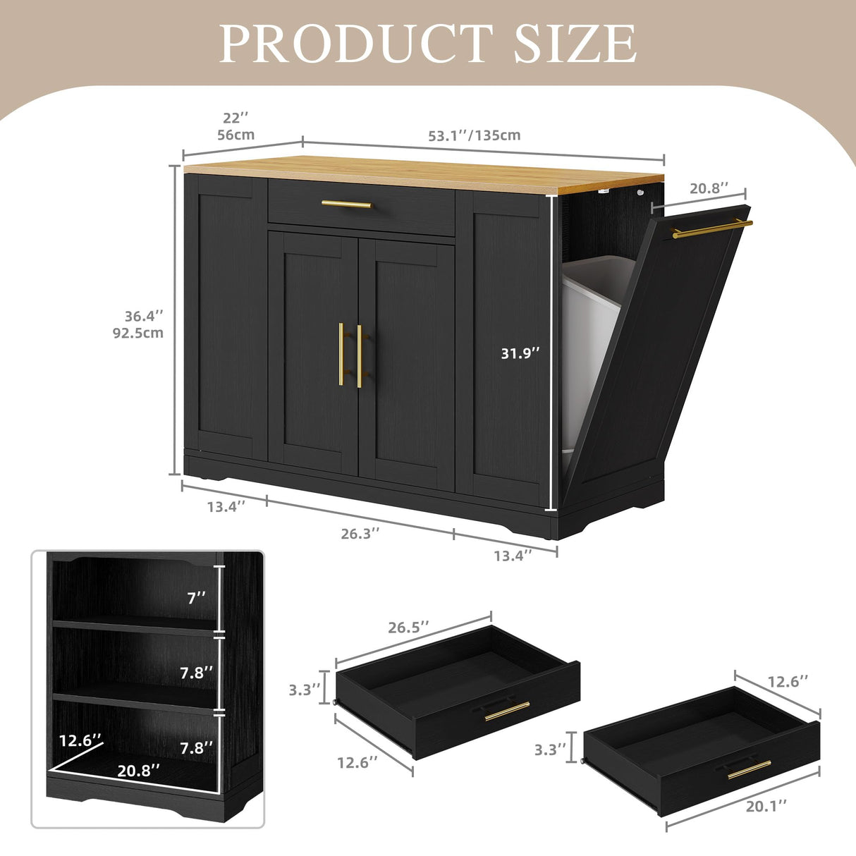 DWVO Large Kitchen Island with Trash Can Storage Cabinet, 53 Inch Portable Kitchen Island with Storage, Long Rolling Island Table Cabinet for Kitchen on Wheels for 13 Gallon Garbage Bin, Black DWVO