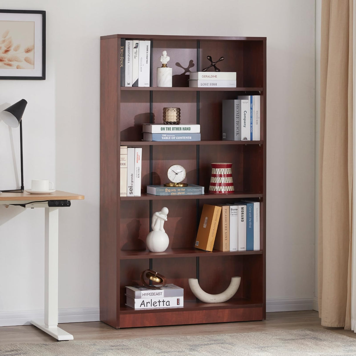 STARY 60-Inch Tall Cherry Wood 5-Shelf Bookcase for Bedroom Storage STARY