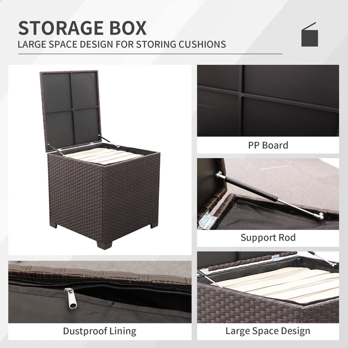 Patio PE Wicker Furniture Set 4 Pieces Outdoor Brown Rattan Sectional Conversation Sofa Chair with Storage Box Table and Khaki Cushions Valita