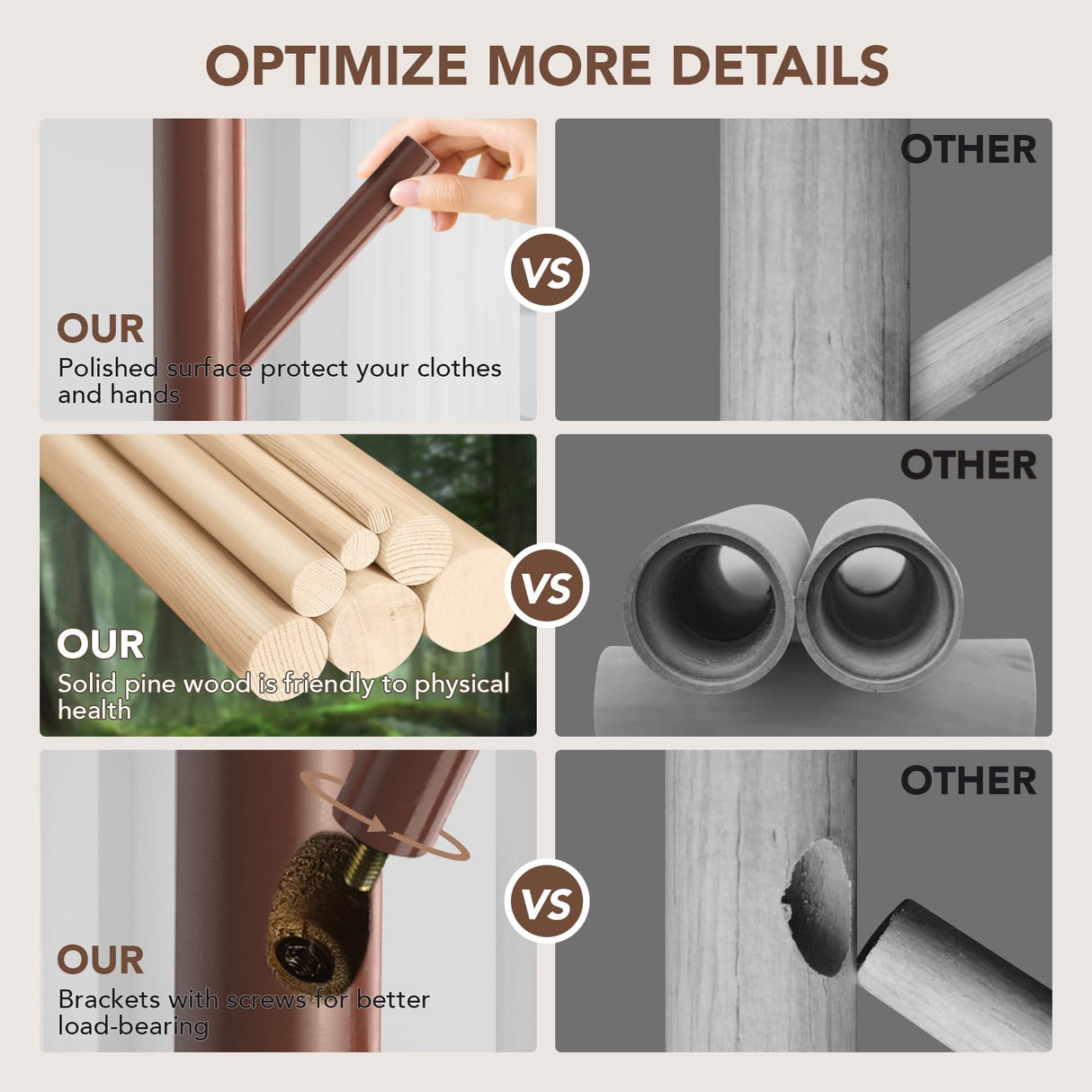 Hupmad Wooden Tree Coat Rack Stand,Sturdy Freestanding Coat Rack with 8 Hooks,3 Adjustable Height for Child Adult,Wood Coat Stand Tree Fits Entryway Bedroom Office for Bags,Hats Hupmad