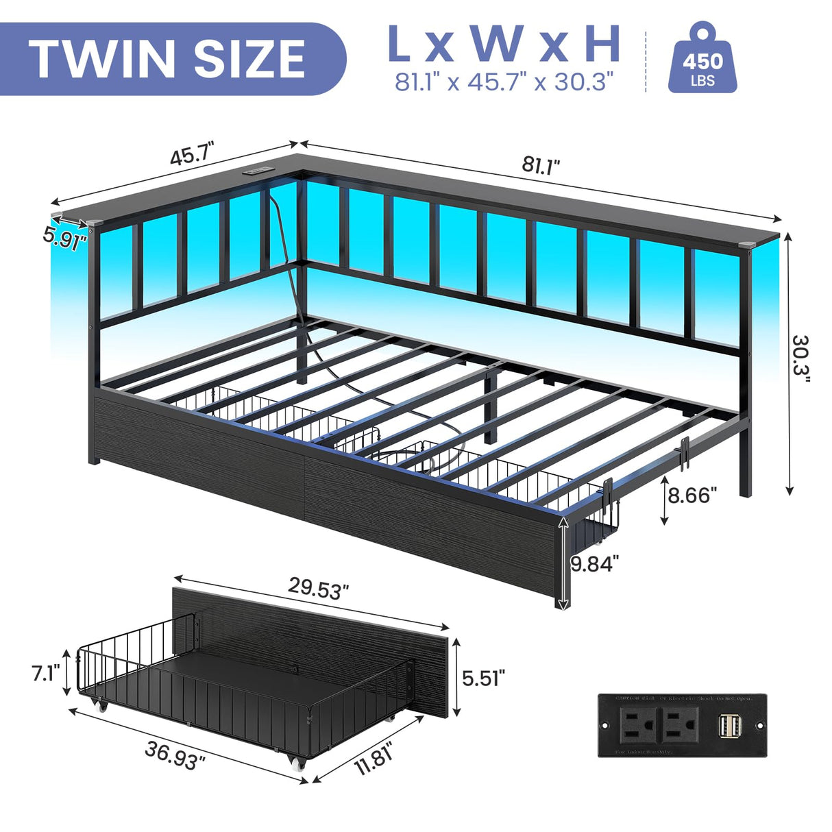 Hasuit Twin Corner Bed Frame with 2 Storage Drawers, Modern Twin Daybed with Charging Station and LED Lights for Kids Teenagers, Metal Platform Bed Frame for Bedroom, Living Room, Guest Room, Black Hasuit