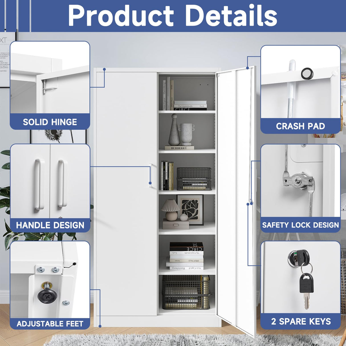 Anxxsu Metal Garage Storage Cabinet, 71" Locking Storage Cabinet with 2 Doors and 5 Adjustable Shelves, Lockable Metal Cabinet for Office,Home,Garage,Gym,School（White） Anxxsu